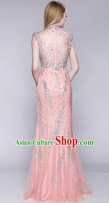 Top Grade Pink Veil Crystal Full Dress Compere Modern Fancywork Costume for Women