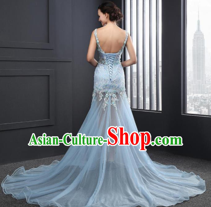Top Grade Catwalks Blue Embroidered Lace Evening Dress Compere Modern Fancywork Costume for Women