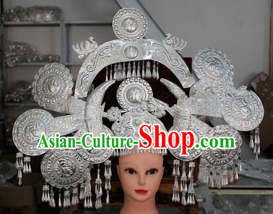 Chinese Traditional Ethnic Princess Wedding Sliver Phoenix Coronet Miao Nationality Bride Hairpins for Women
