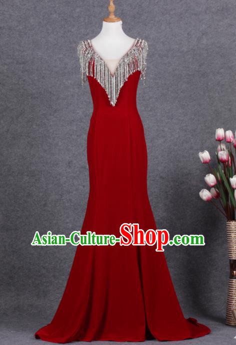 Professional Top Grade Wine Red Full Dress Modern Dance Compere Costume for Women