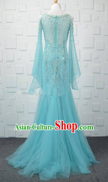 Professional Compere Blue Veil Fishtail Full Dress Top Grade Modern Dance Costume Princess Wedding Dress for Women