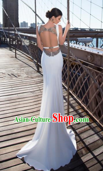 Professional Compere White Fishtail Full Dress Top Grade Modern Dance Costume Princess Wedding Dress for Women