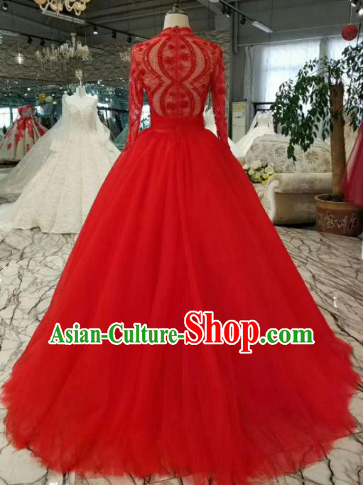 Professional Compere Costume Red Veil Full Dress Top Grade Modern Dance Princess Wedding Dress for Women