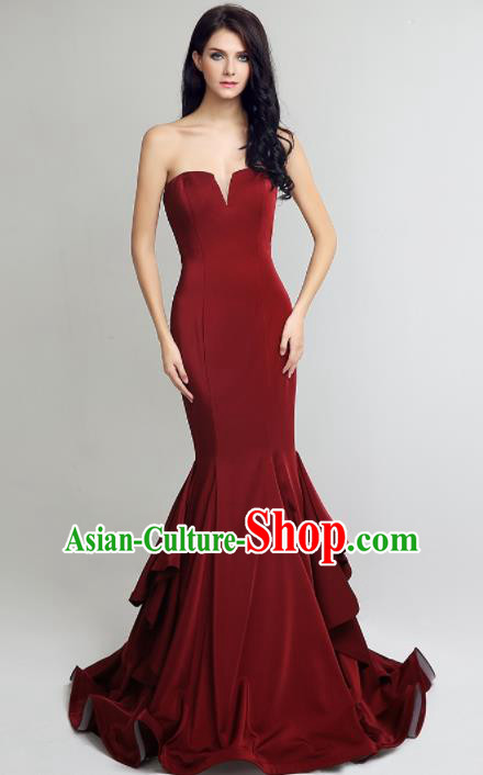 Professional Compere Costume Wine Red Full Dress Top Grade Modern Dance Princess Wedding Dress for Women