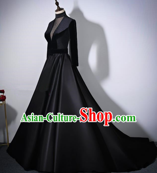 Professional Compere Costume Black Trailing Full Dress Modern Dance Princess Wedding Costume for Women
