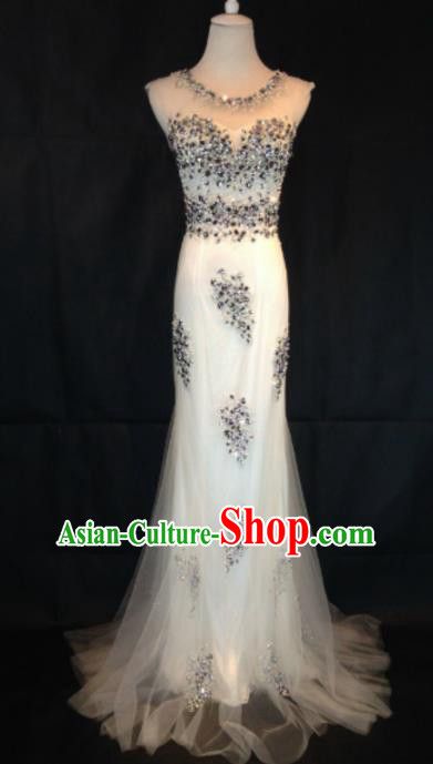 Professional White Veil Crystal Wedding Dress Princess Full Dress Modern Dance Costume for Women