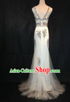 Professional White Veil Crystal Wedding Dress Princess Full Dress Modern Dance Costume for Women