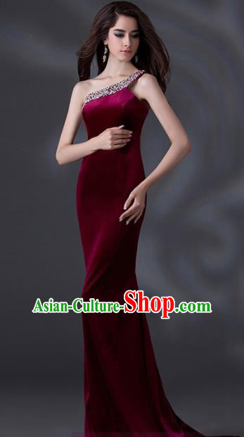 Top Grade Catwalks Wine Red Evening Dress Compere Modern Fancywork Costume for Women