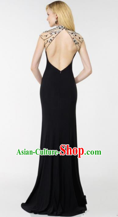 Top Grade Catwalks Crystal Black Evening Dress Compere Modern Fancywork Costume for Women
