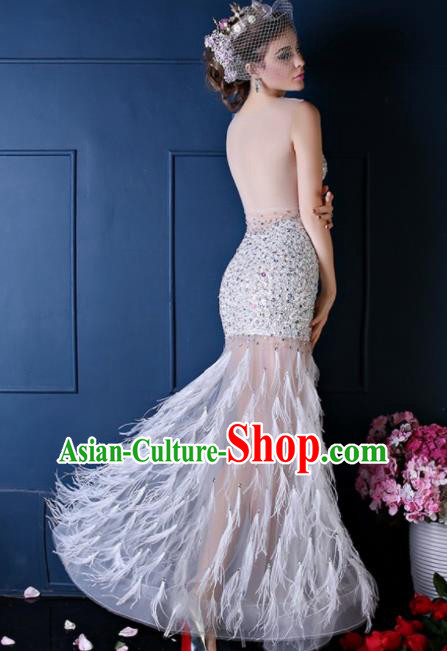 Top Grade Catwalks White Feather Evening Dress Compere Modern Fancywork Costume for Women