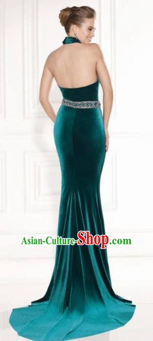 Top Grade Catwalks Green Velvet Evening Dress Compere Modern Fancywork Costume for Women