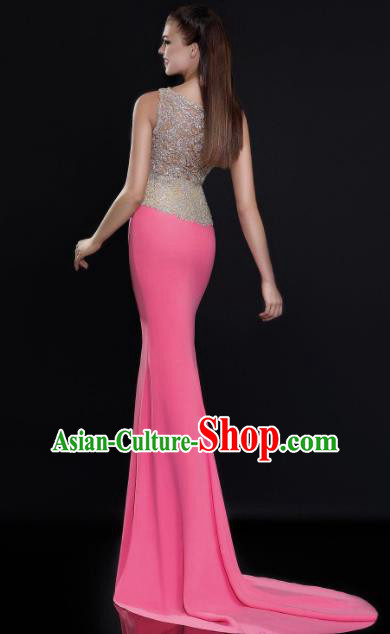 Top Grade Catwalks Diamante Pink Trailing Evening Dress Compere Modern Fancywork Costume for Women