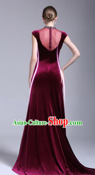 Top Grade Catwalks Purple Velvet Evening Dress Compere Modern Fancywork Costume for Women