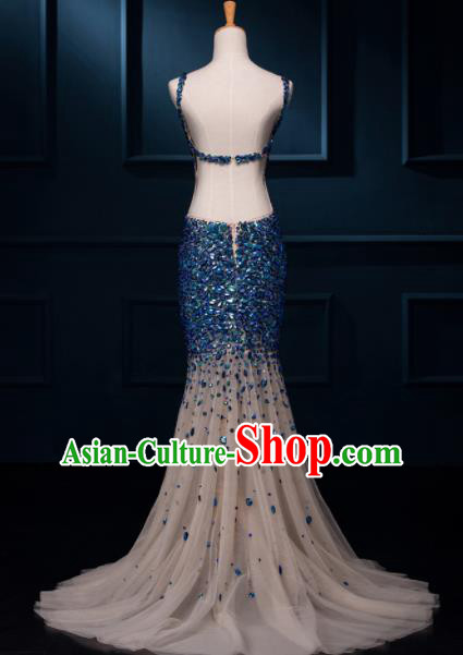 Top Grade Catwalks Blue Paillette Veil Evening Dress Compere Modern Fancywork Costume for Women