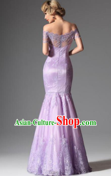 Top Grade Catwalks Embroidered Lace Purple Mermaid Evening Dress Compere Modern Fancywork Costume for Women