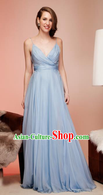Top Grade Catwalks Blue Veil Evening Dress Compere Modern Fancywork Costume for Women