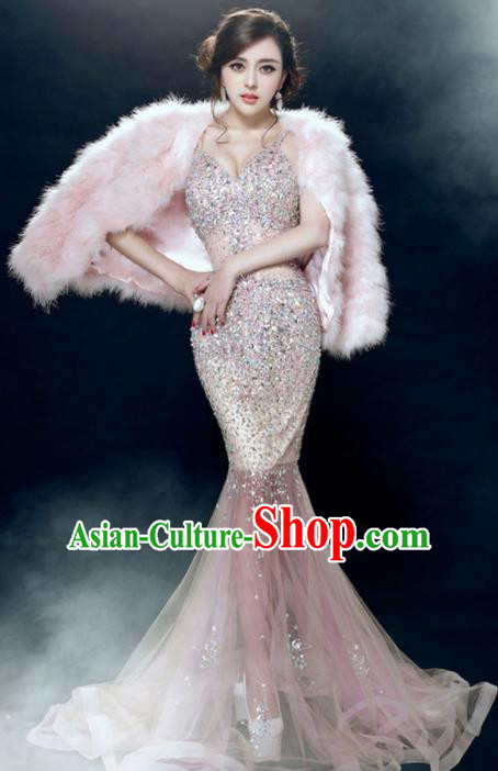 Top Grade Catwalks Diamante Sexy Evening Dress Compere Modern Fancywork Costume for Women
