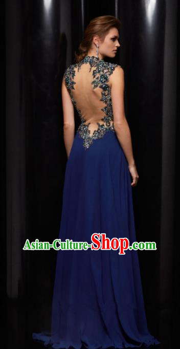 Top Grade Catwalks Deep Blue Evening Dress Compere Modern Fancywork Costume for Women