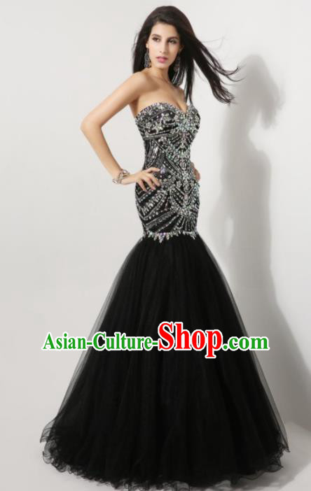 Top Grade Catwalks Black Veil Crystal Evening Dress Compere Modern Fancywork Costume for Women