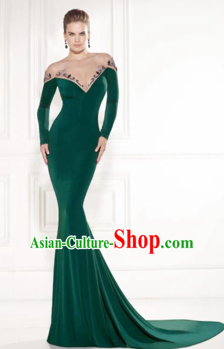 Top Grade Catwalks Green Velvet Formal Dress Compere Modern Fancywork Costume for Women