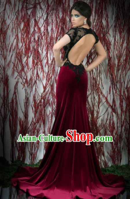 Top Grade Modern Fancywork Wine Red Velvet Formal Dress Compere Catwalks Costume for Women