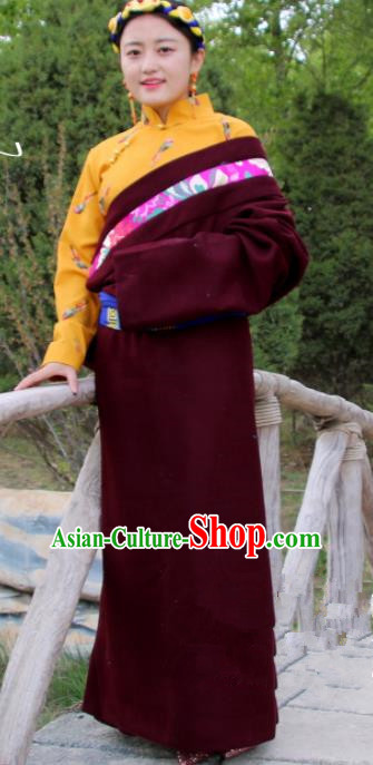 Chinese Traditional National Ethnic Wine Red Tibetan Robe Zang Nationality Costume for Women