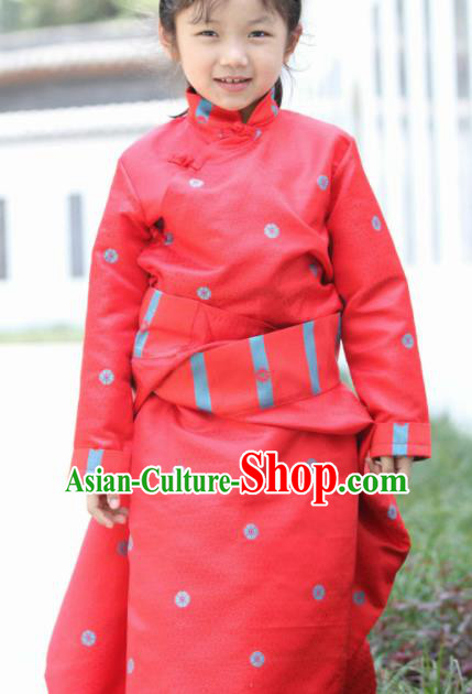 Chinese Traditional Tibetan Children Red Robe Zang Nationality Heishui Dance Ethnic Costumes for Kids