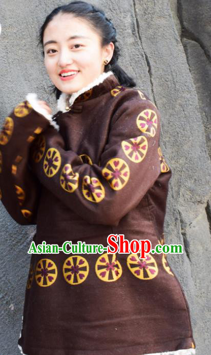 Chinese Traditional Tibetan National Ethnic Brown Cotton Padded Jacket Zang Nationality Costume for Women