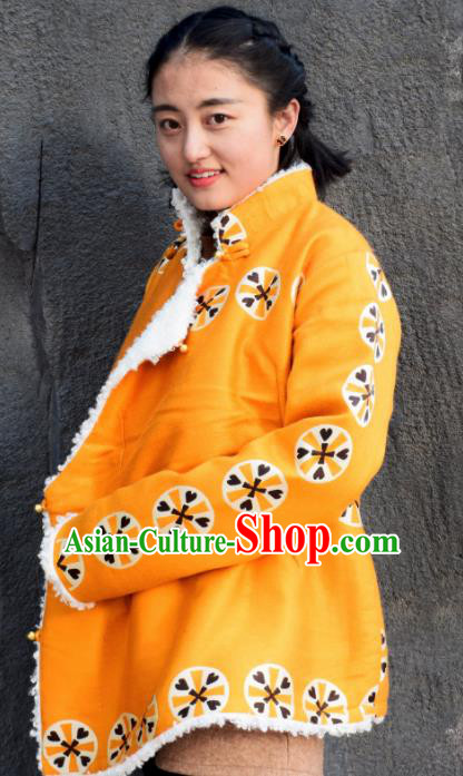 Chinese Traditional Tibetan National Ethnic Yellow Cotton Padded Jacket Zang Nationality Costume for Women