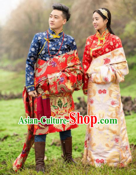 Chinese Traditional Tibetan Bride and Bridegroom Brocade Robes Zang Nationality Wedding Ethnic Costumes for Women for Men