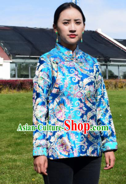 Chinese Traditional Tibetan National Ethnic Blue Brocade Blouse Zang Nationality Costume for Women