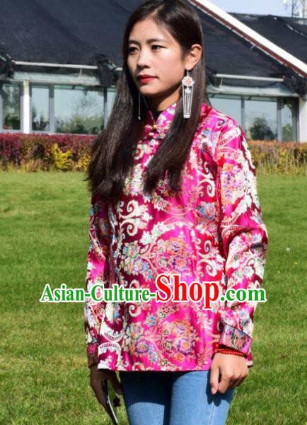 Chinese Traditional Tibetan National Ethnic Rosy Brocade Blouse Zang Nationality Costume for Women