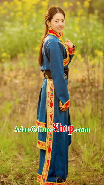 Chinese Traditional Tibetan Ethnic Female Blue Dress Zang Nationality Heishui Dance Costume for Women