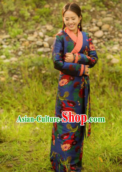 Chinese Traditional Tibetan Ethnic Female Printing Blue Dress Zang Nationality Heishui Dance Costume for Women