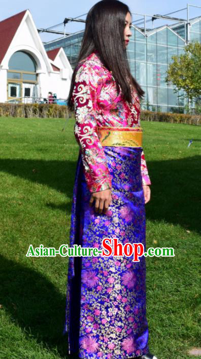 Chinese Traditional Tibetan National Ethnic Royalblue Brocade Robe Zang Nationality Costume for Women