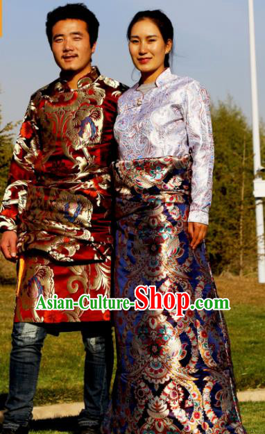 Chinese Traditional National Bride and Bridegroom Tibetan Robe Zang Nationality Ethnic Folk Dance Costumes for Women for Men