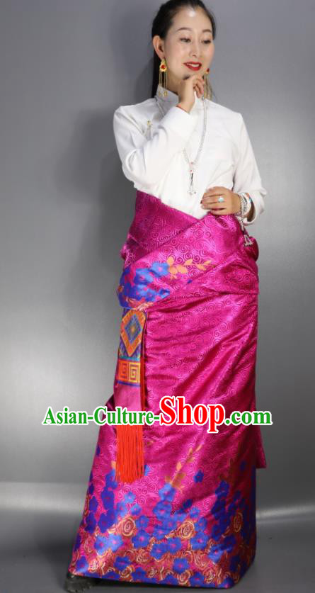 Chinese Traditional Tibetan National Ethnic Rosy Robe Zang Nationality Wedding Costume for Women