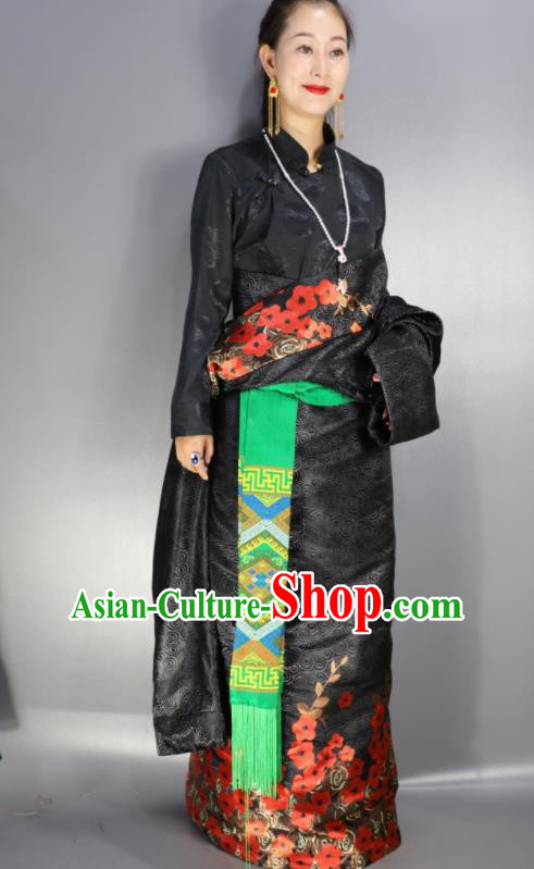 Chinese Traditional Tibetan National Ethnic Black Robe Zang Nationality Wedding Costume for Women