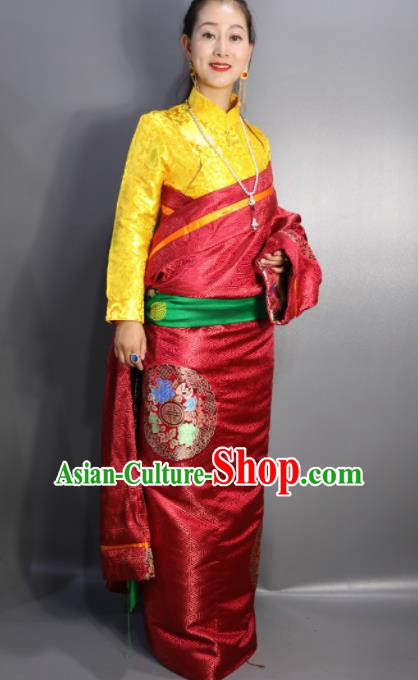 Chinese Traditional Tibetan National Ethnic Embroidered Red Robe Zang Nationality Wedding Costume for Women