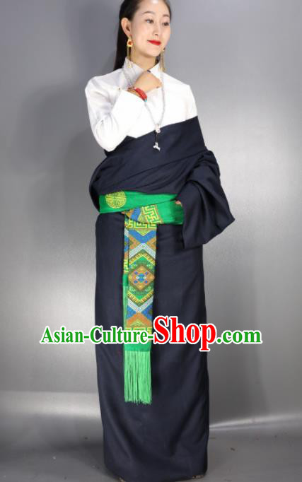 Chinese Traditional National Ethnic Navy Tibetan Robe Zang Nationality Folk Dance Costume for Women