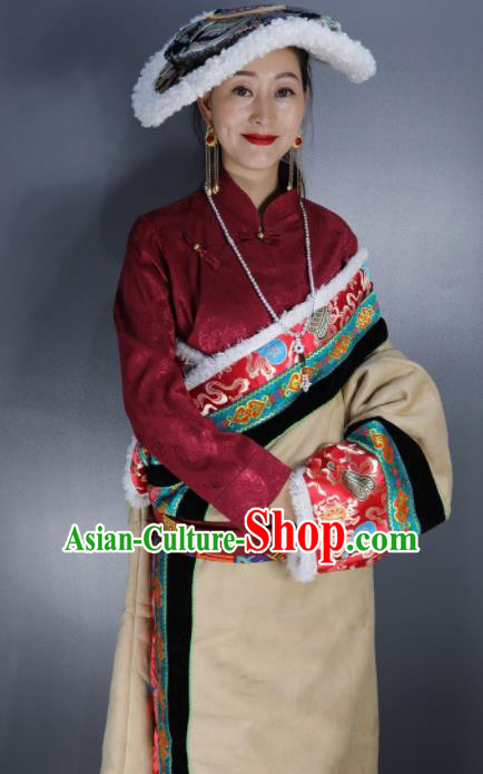Chinese Traditional National Ethnic Wedding Tibetan Robe Zang Nationality Folk Dance Costume for Women