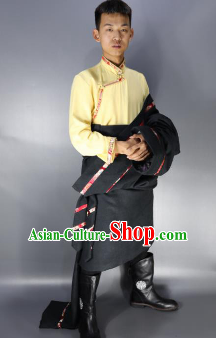 Traditional Chinese National Bride Ethnic Navy Tibetan Robe Zang Nationality Folk Dance Costumes for Men