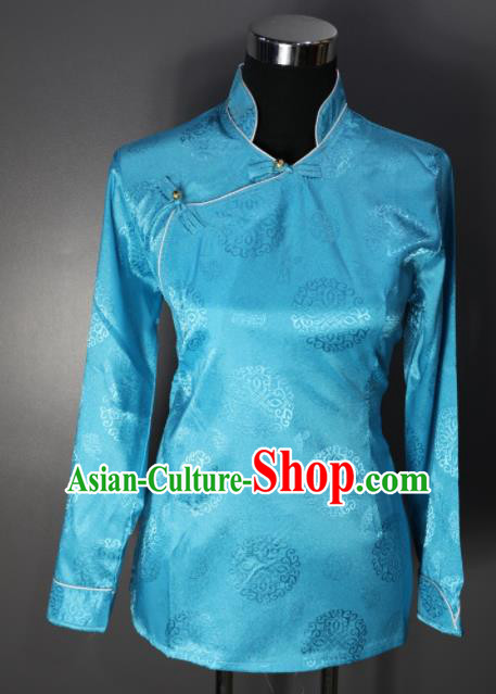 Chinese Traditional National Ethnic Tibetan Blue Blouse Zang Nationality Folk Dance Costume for Women