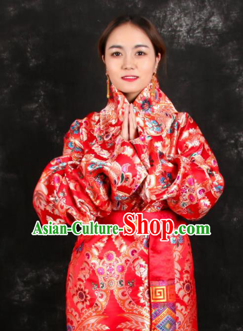 Chinese Traditional Tibetan Ethnic Bride Red Robe Zang Nationality Heishui Dance Costume for Women