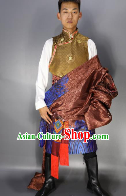 Chinese Traditional National Ethnic Bronze Tibetan Robe Zang Nationality Folk Dance Costumes for Men