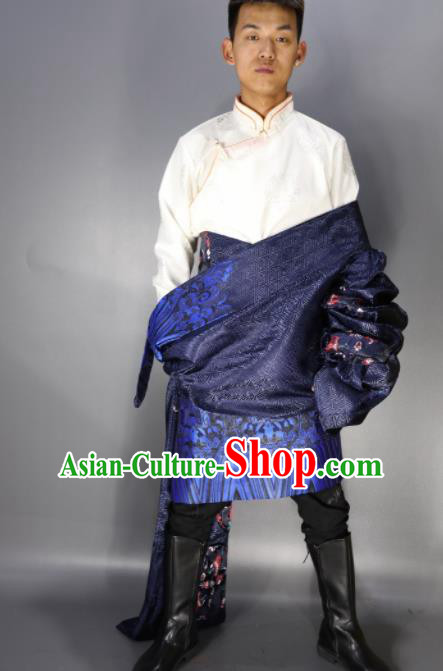 Chinese Traditional National Ethnic Navy Tibetan Robe Zang Nationality Folk Dance Costumes for Men