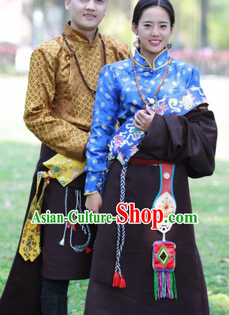 Chinese Traditional Tibetan Bride and Bridegroom Brown Robes Zang Nationality Heishui Dance Ethnic Costumes for Women for Men