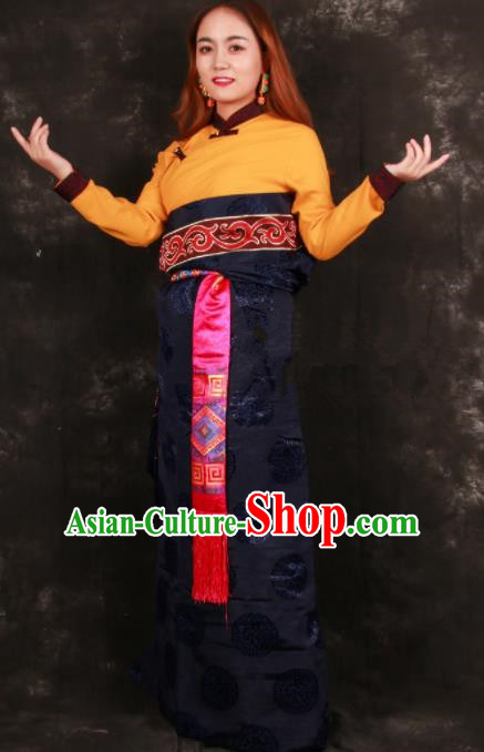 Chinese Traditional Tibetan Ethnic Bride Navy Brocade Robe Zang Nationality Heishui Dance Costume for Women