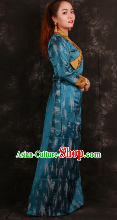 Chinese Traditional Ethnic Blue Brocade Tibetan Dress Zang Nationality Heishui Dance Costume for Women