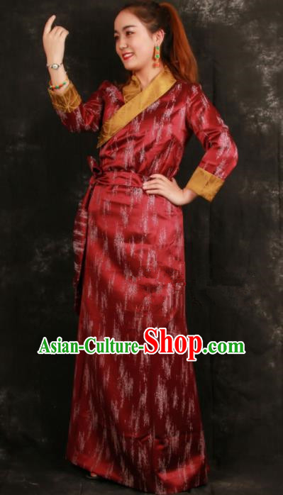Chinese Traditional Ethnic Wine Red Brocade Tibetan Dress Zang Nationality Heishui Dance Costume for Women